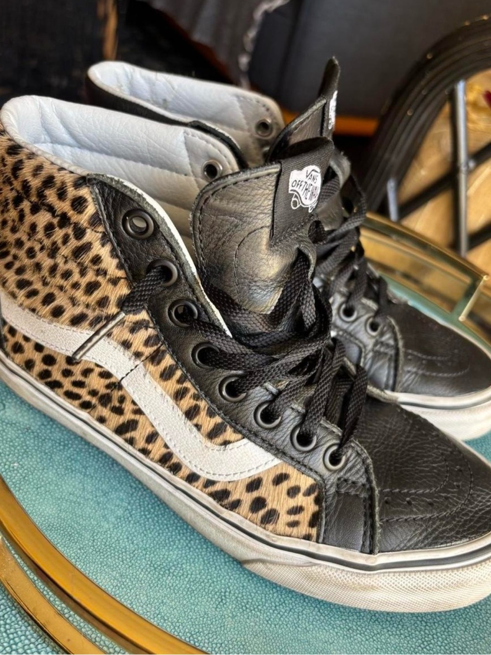 Vans Black Leather & Fur Cheetah Print High Top Sneakers